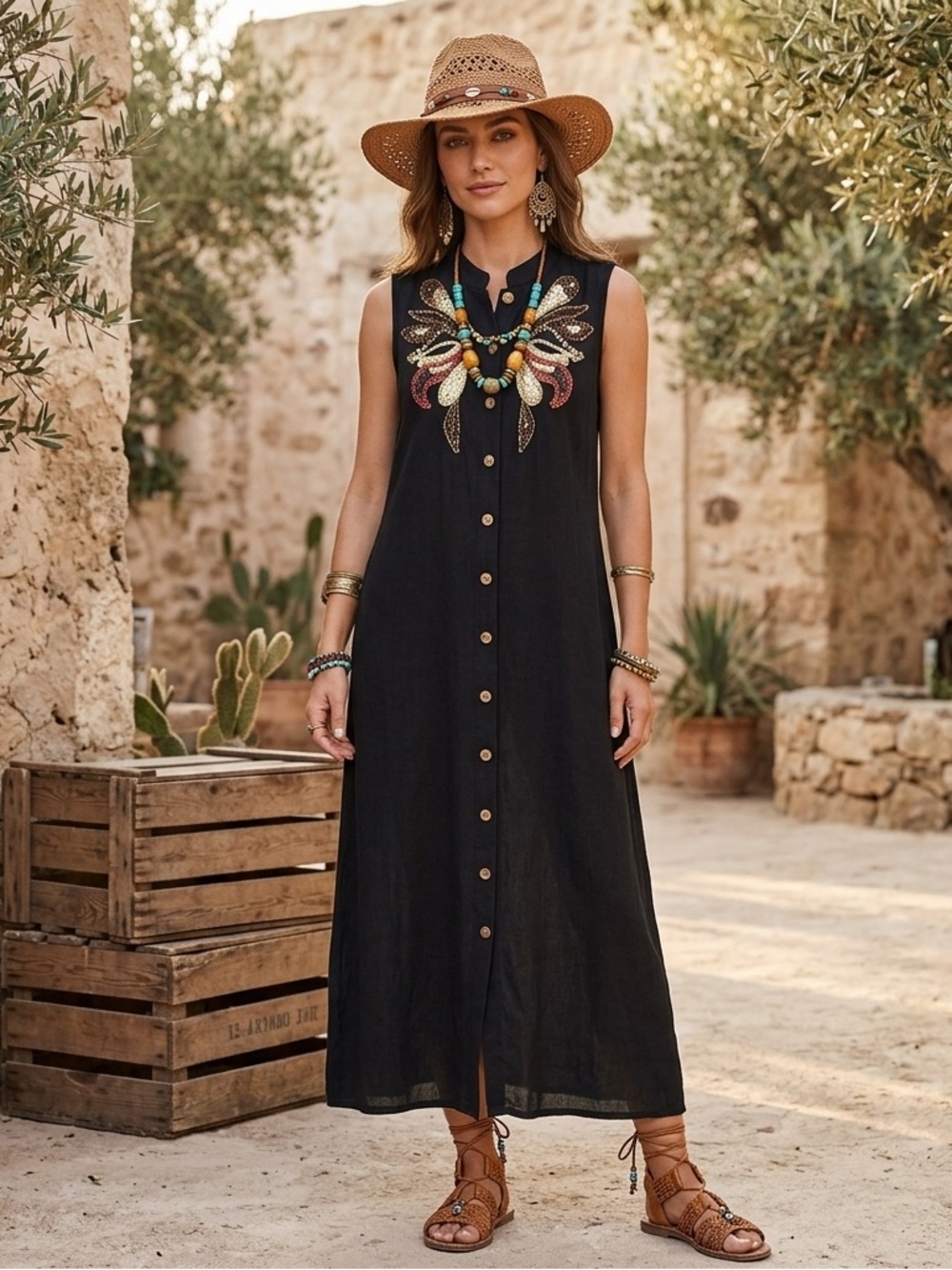 Beaded Black Sleeveless Button-Front Maxi Dress small